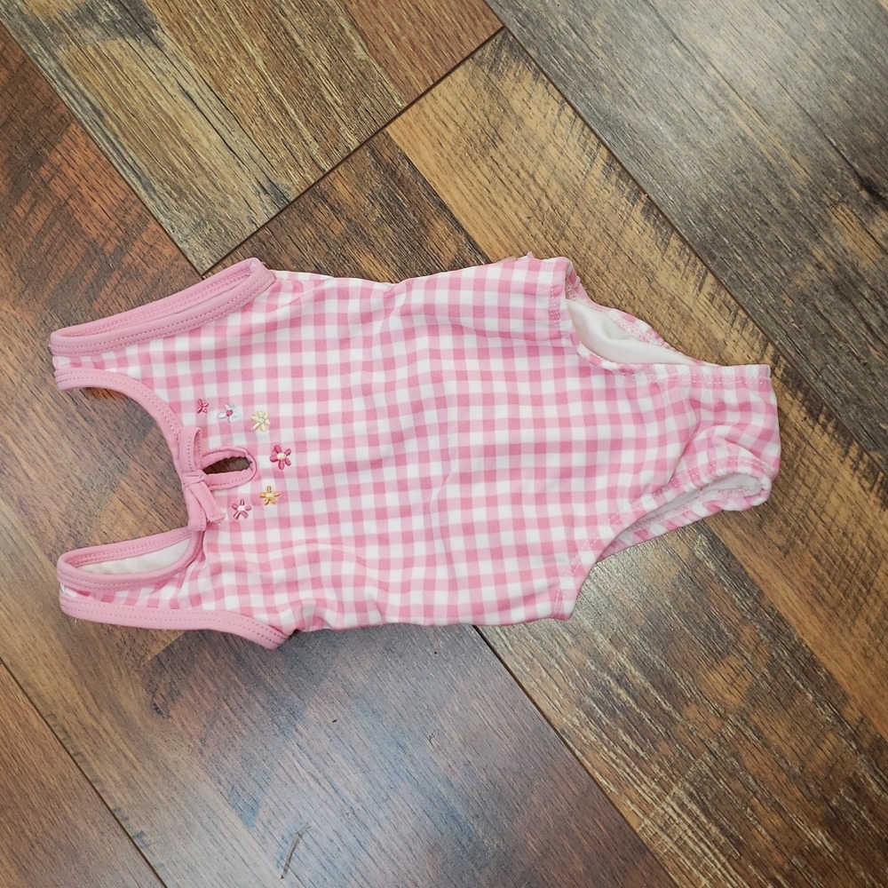 Oshkosh B'Gosh Pink and White Gingham Swimsuit with Floral Embroidery, Size 6-9M